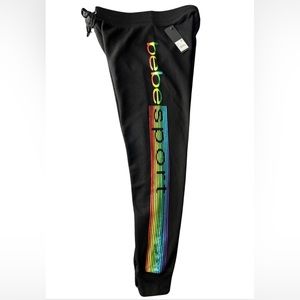 BLACK BEBE SPORT JOGGER SWEATPANTS WITH METALLIC RAINBOW LOGO SIZE MED NWT $69
